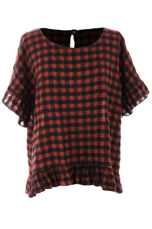 Woven Check Frill Hem Cotton Top
