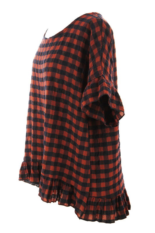 Woven Check Frill Hem Cotton Top