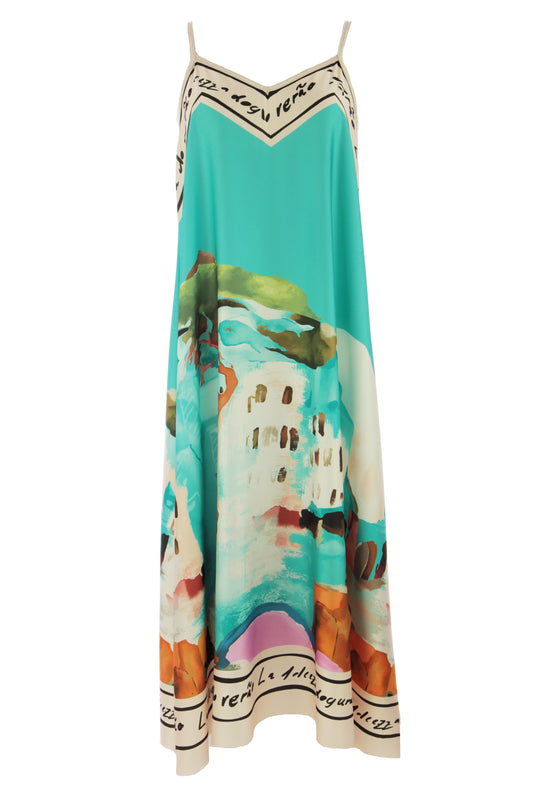 Strappy Watercolour Landscape Print Satin Midi
