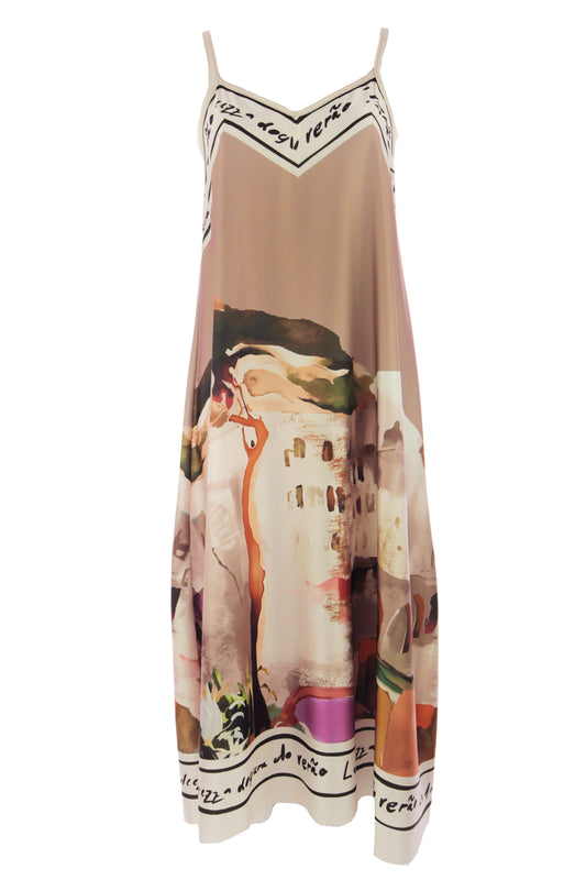 Strappy Watercolour Landscape Print Satin Midi