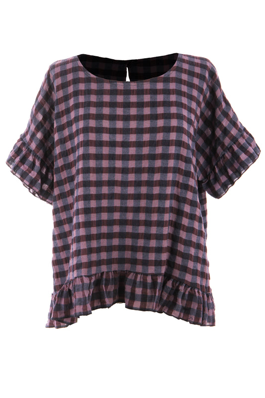 Check Ruffle Hem Cotton Top