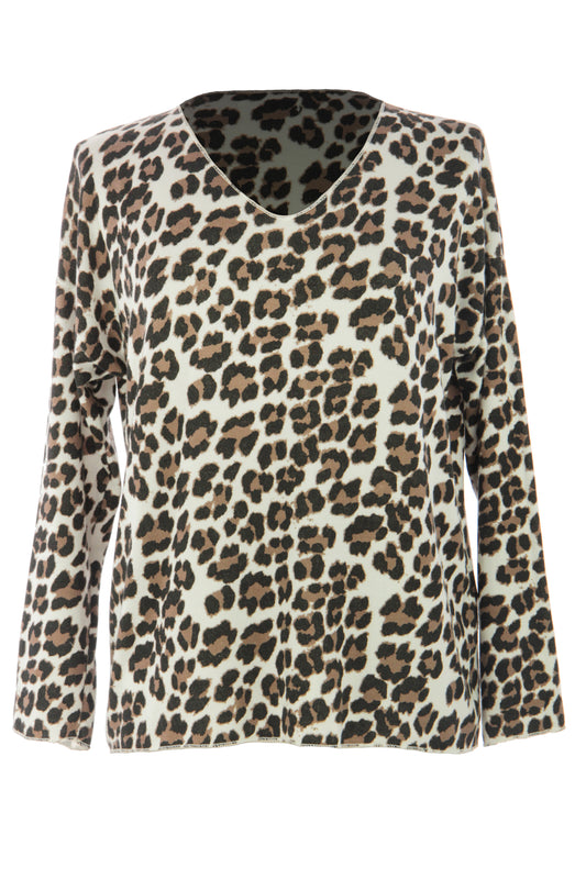 V Neck Leopard Print Fine Knit Jumper