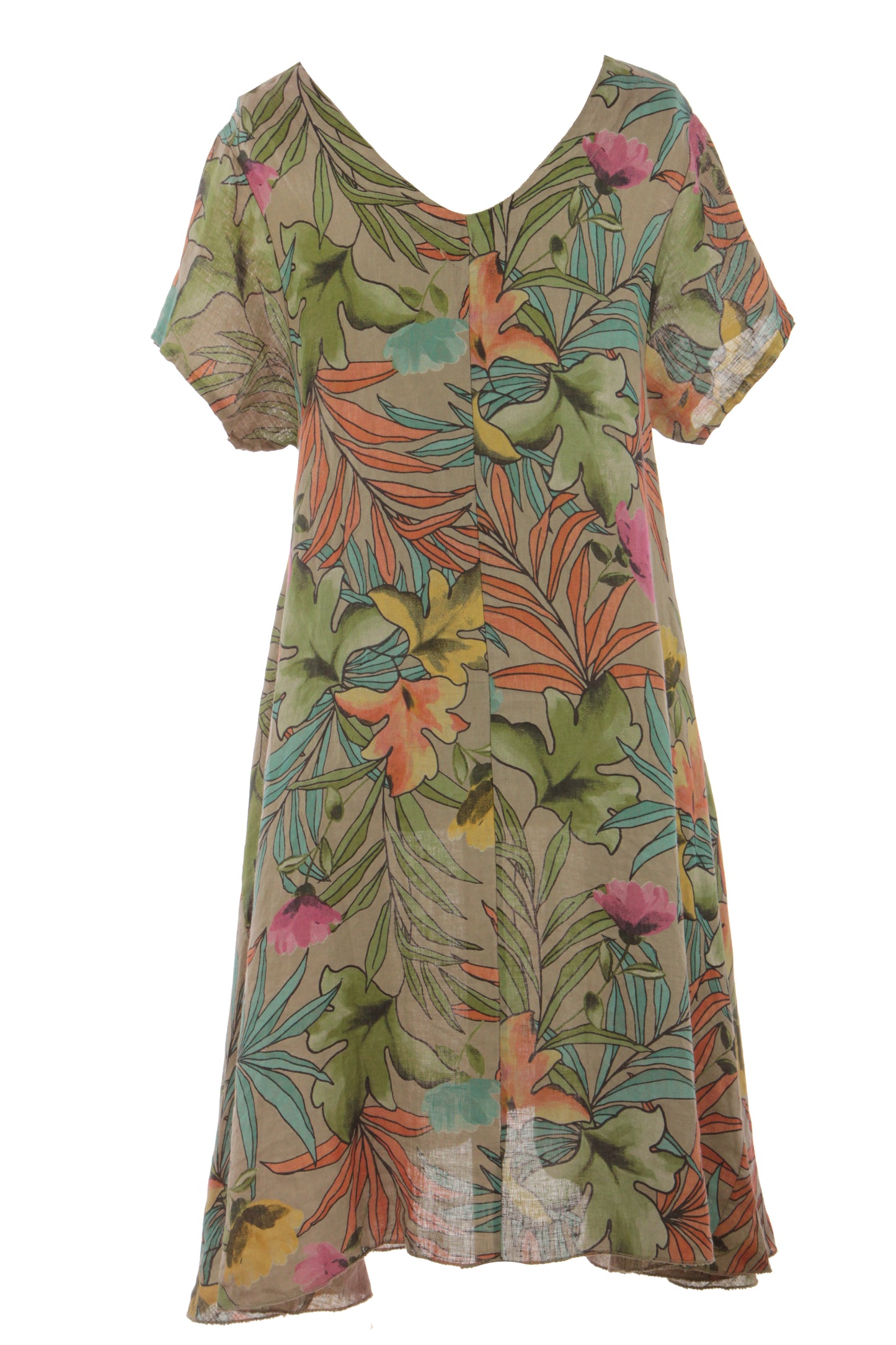 Tropical Print Linen Dress