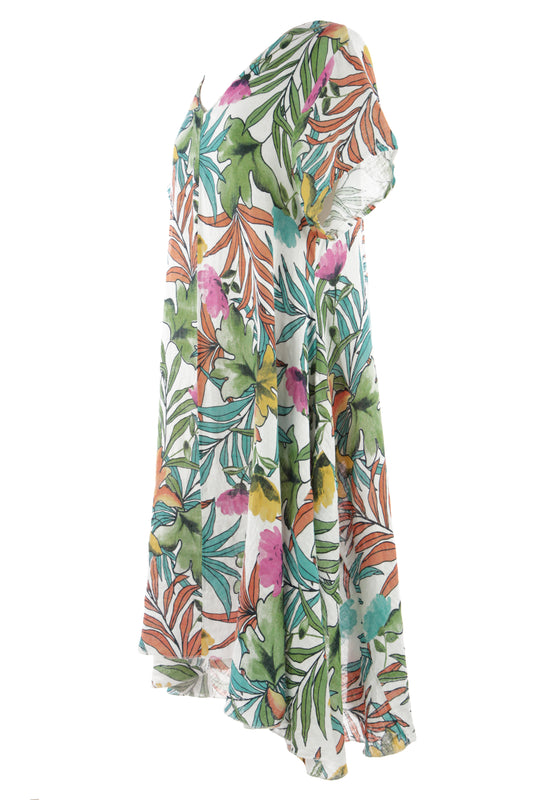 Tropical Print Linen Dress