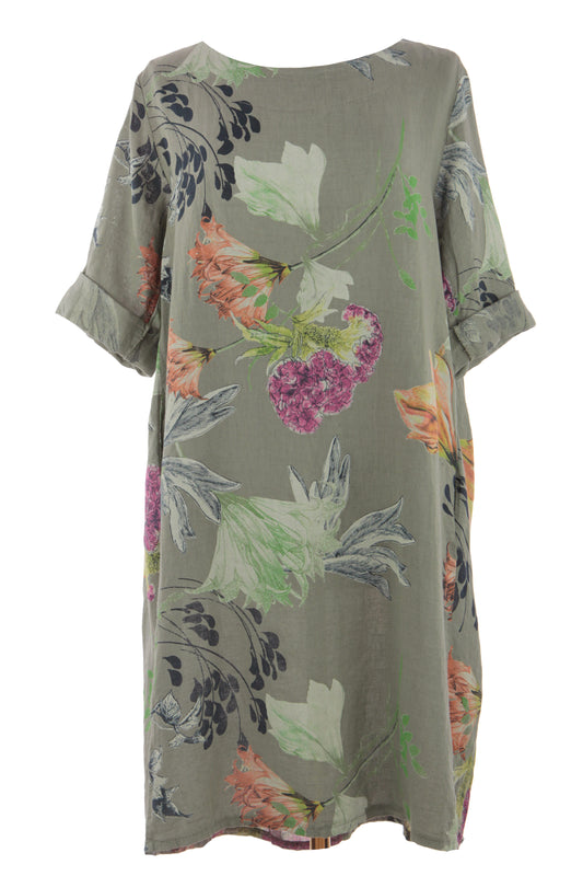 Floral Print Pleat Back Linen Dress
