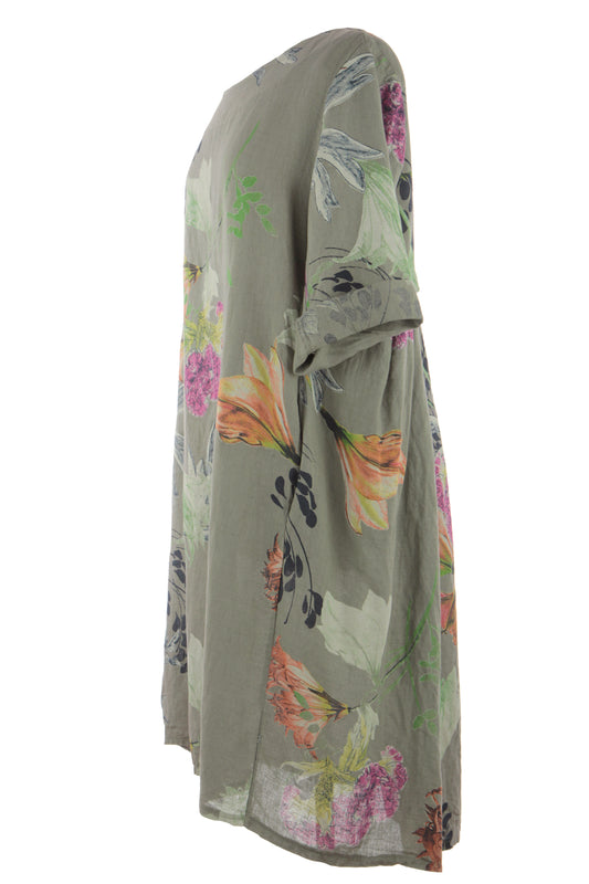 Floral Print Pleat Back Linen Dress