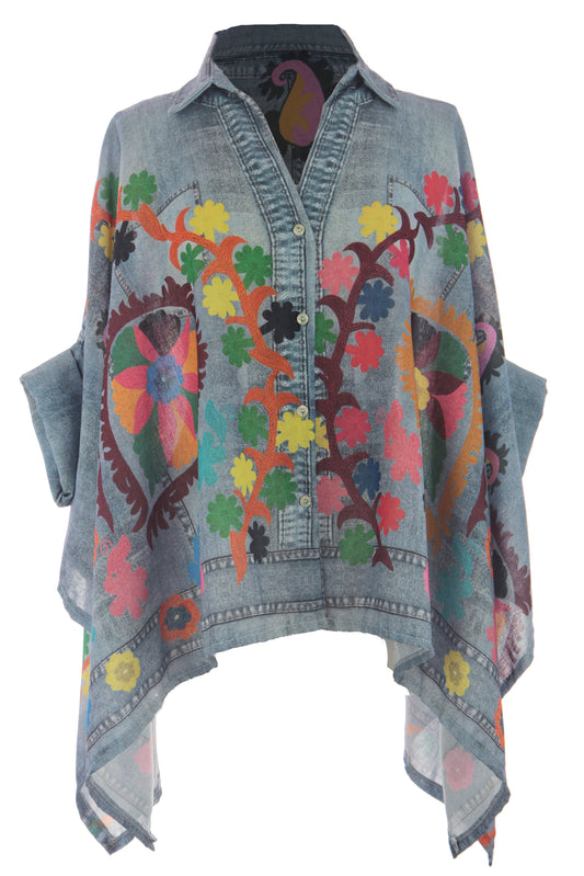 Batwing Denim Look Print Shirt