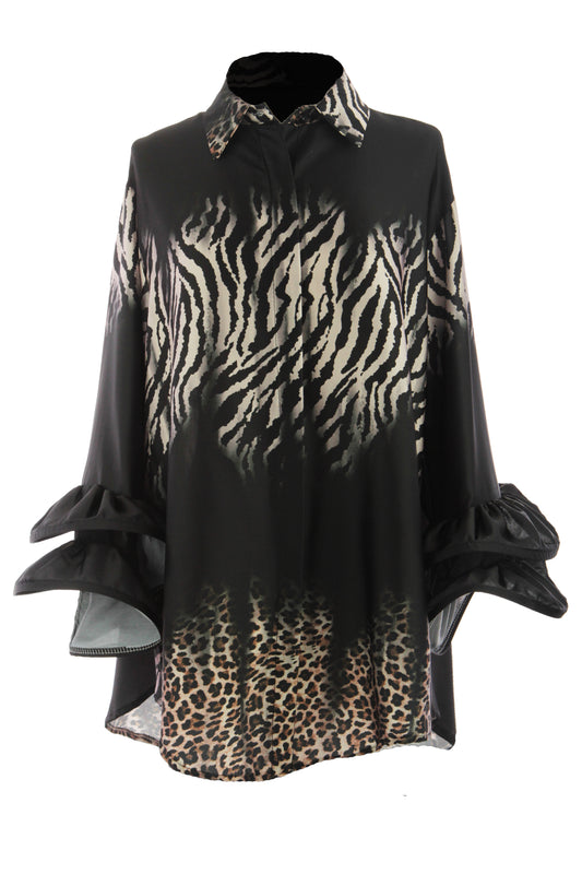 Leopard Zebra Frill Cuff Satin Shirt