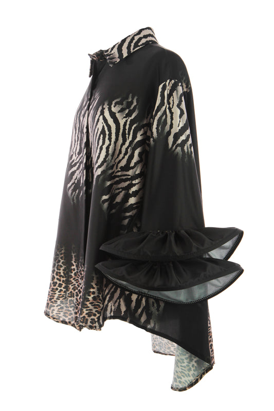 Leopard Zebra Frill Cuff Satin Shirt