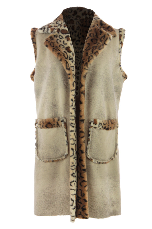 Faux Suede Leopard Longline Gilet