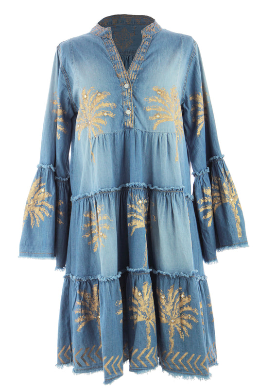 Gold Palm Pattern Denim Dress