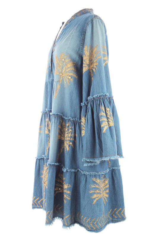 Gold Palm Pattern Denim Dress