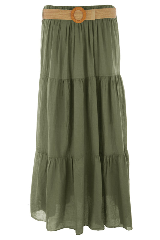 Tiered Midi Skirt with Belt