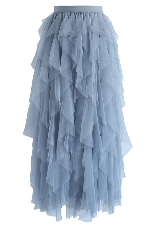 Ruffle Tulle Midi Skirt