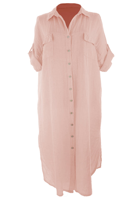 2 Flap Pocket Linen Shirt Dress