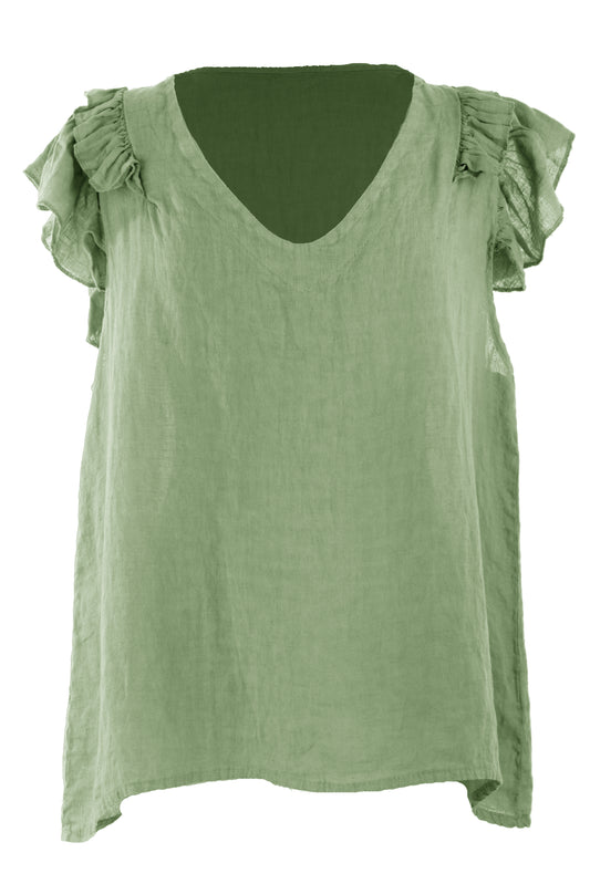 Frill Shoulder V Neck Linen Top