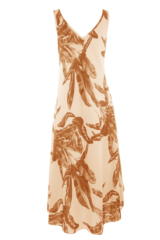 Sleeveless V Neck Palm Print Dress
