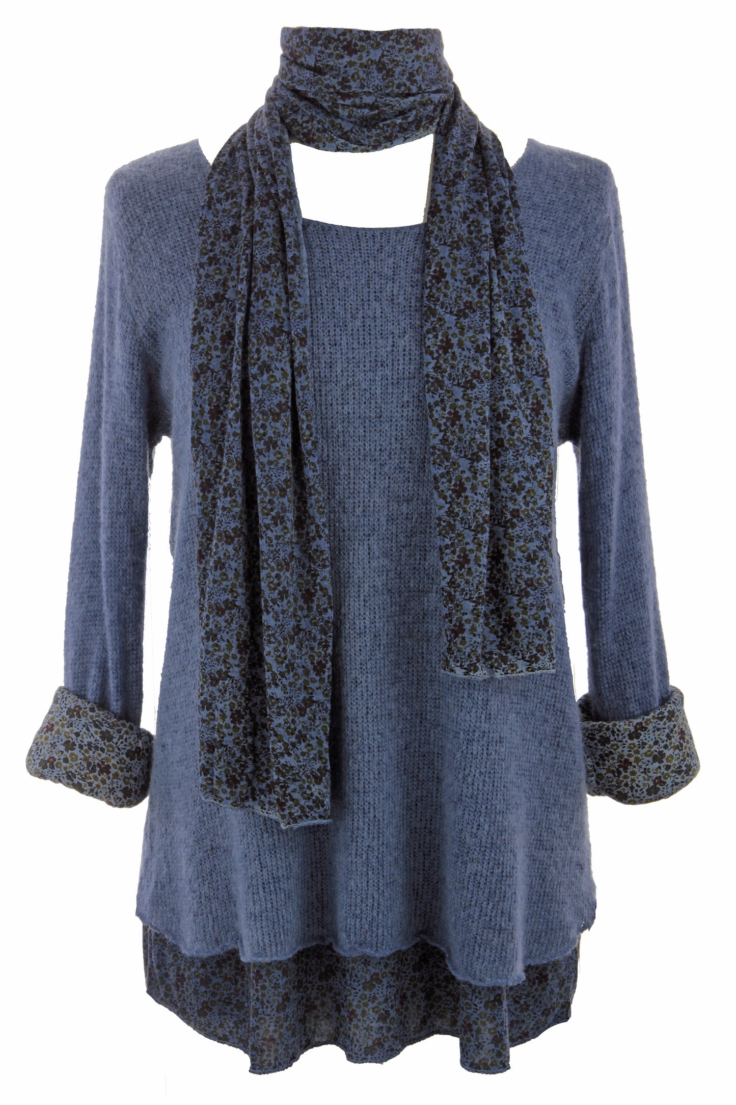 2 Piece Floral Scarf Mohair Knit Blouse
