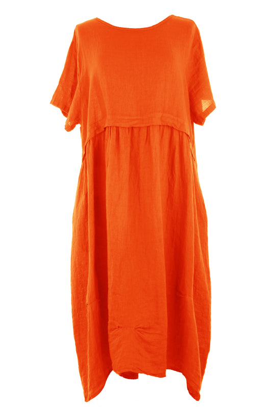 Short Sleeve Pleat Detail Linen Dress