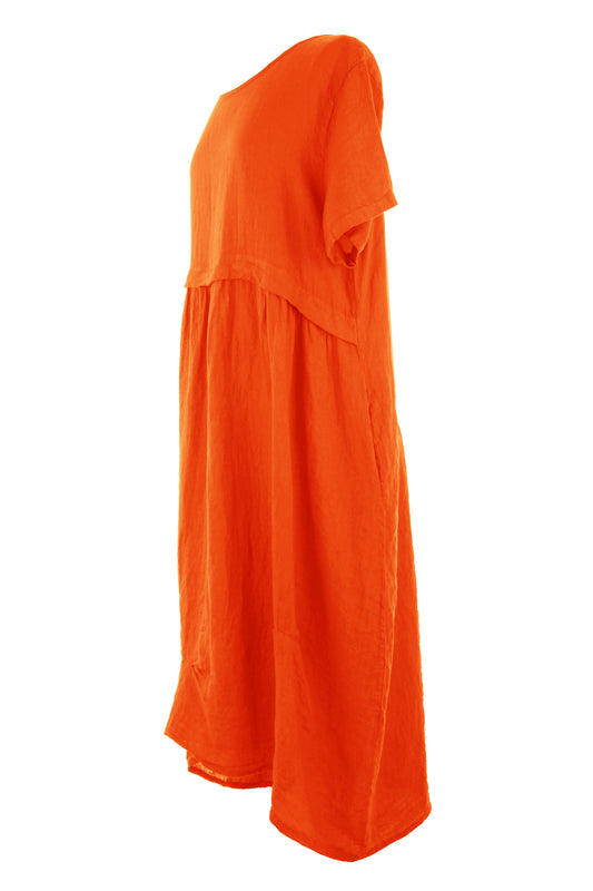 Short Sleeve Pleat Detail Linen Dress