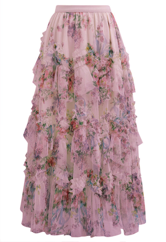 Floral Mesh Tulle Midi Skirt
