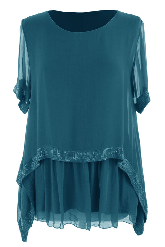 Sequin Trim Layered Hem Silk Blouse