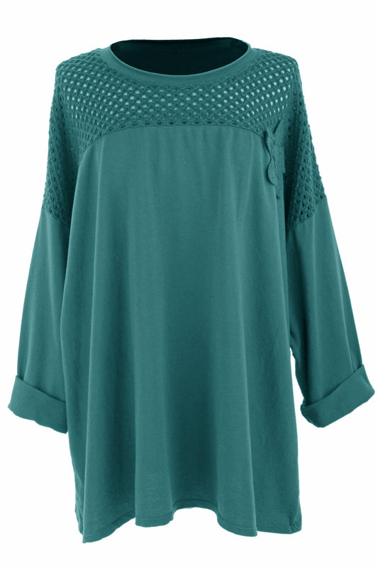 Flower Applique Crochet Jersey Top