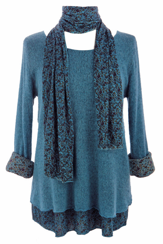 2 Piece Floral Scarf Mohair Knit Blouse