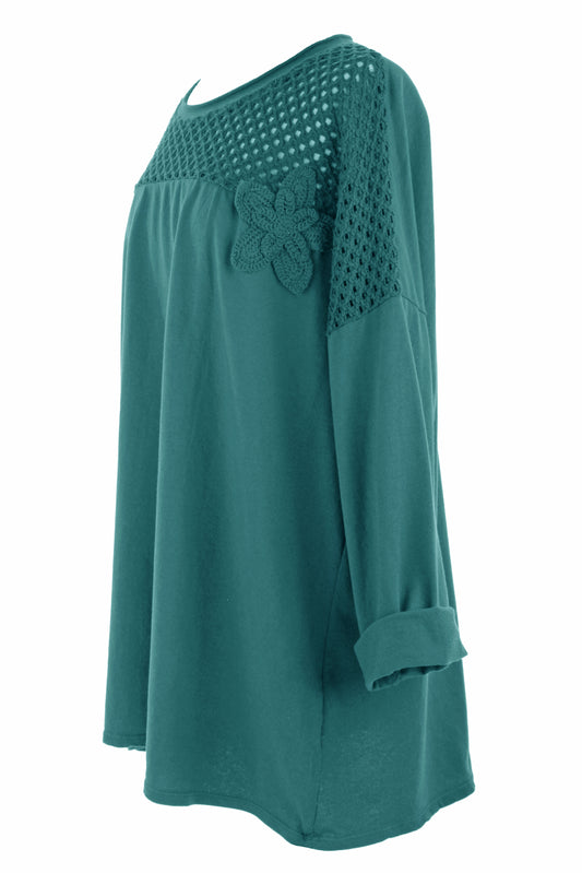 Flower Applique Crochet Jersey Top