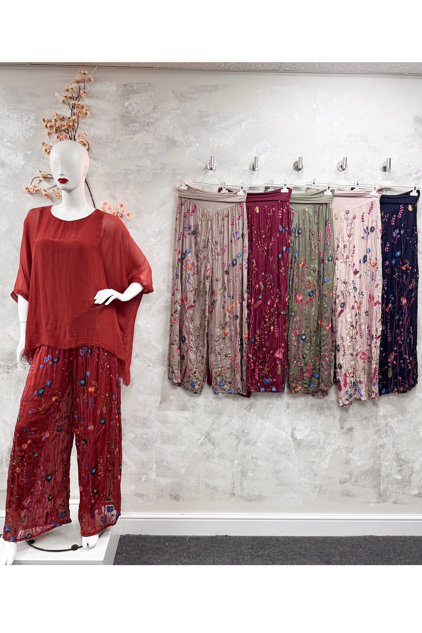 Floral Embroidery Silk Trouser