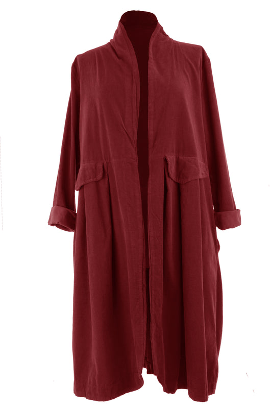 A long line corduroy jacket with flap detail at the front, made from high-quality cotton. The jacket is displayed in a neutral color and is shown in an open style, highlighting the interior.