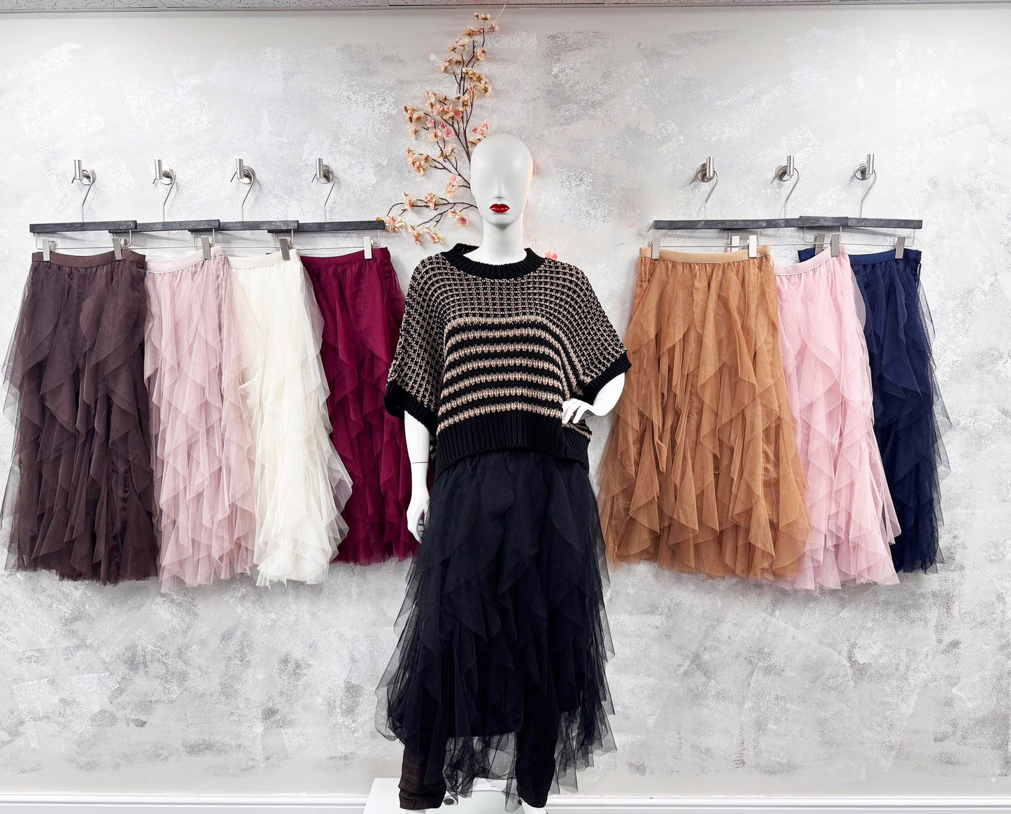 Ruffle Tulle Midi Skirt