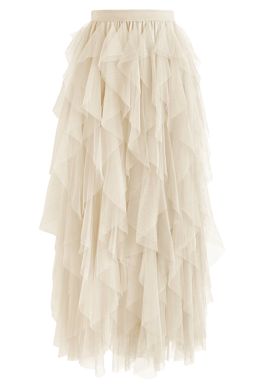 Ruffle Tulle Midi Skirt