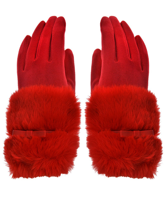 Faux Fur Bow Cuff Suede Gloves