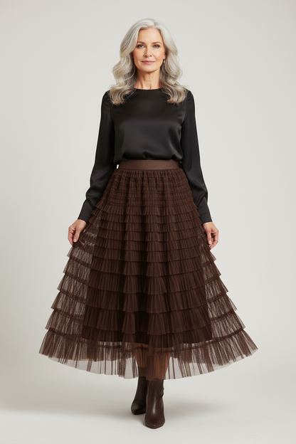 Rara Pleated Tulle Midi Skirt