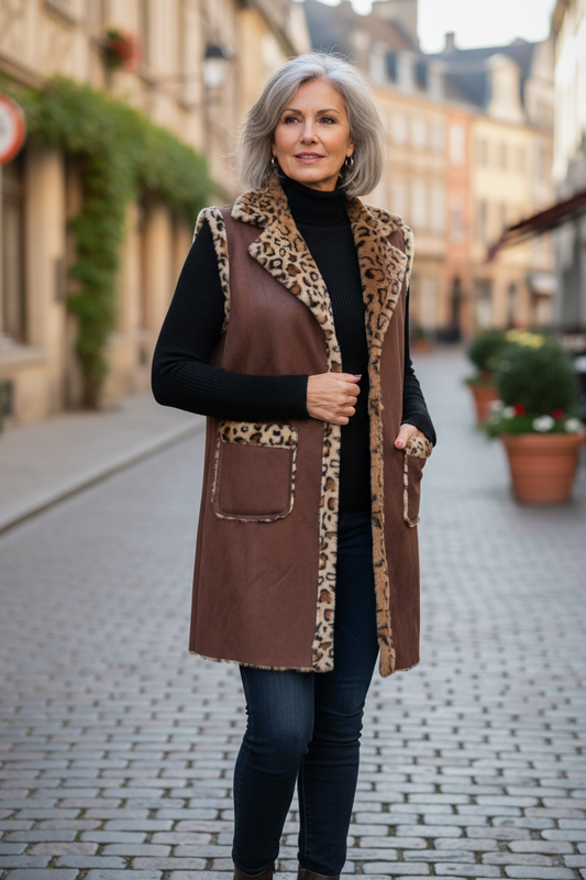 Faux Suede Leopard Longline Gilet