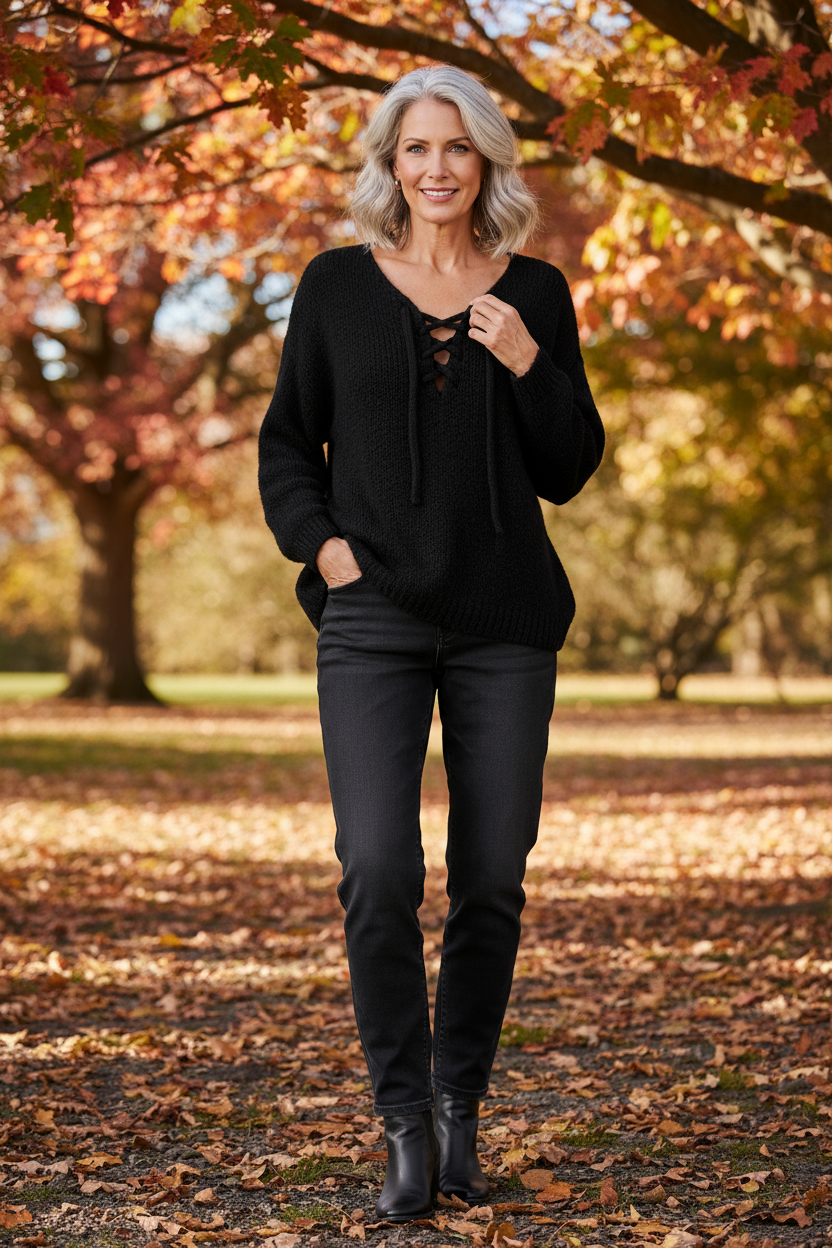 Lace Up Neck Wool Knit Jumper