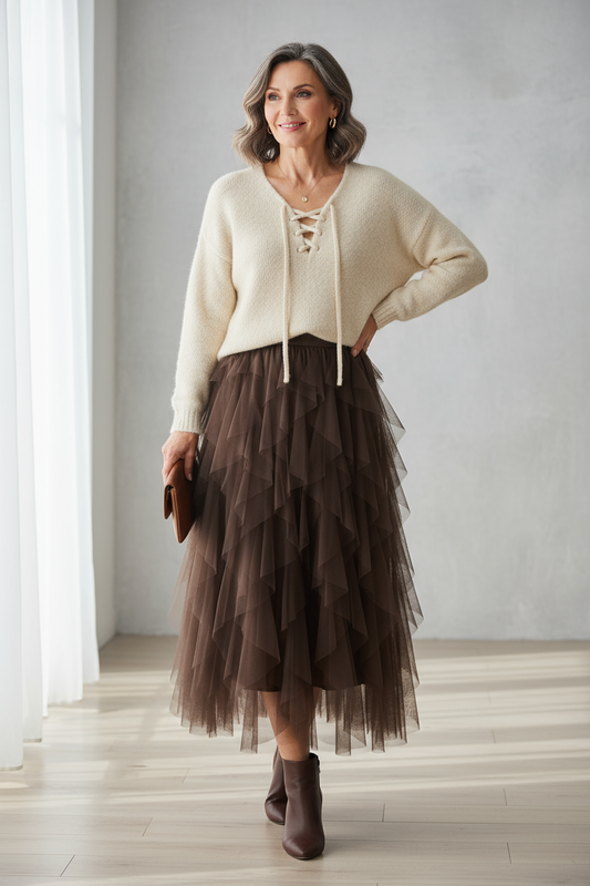 Ruffle Tulle Midi Skirt