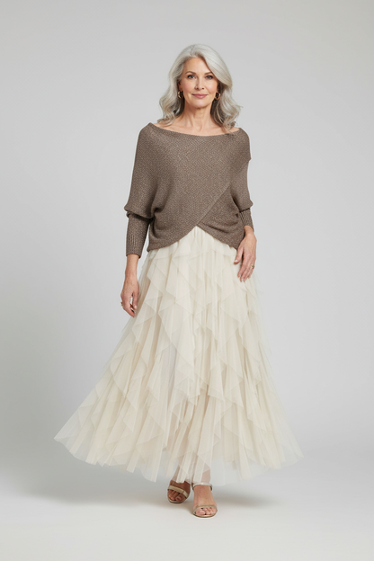 Ruffle Tulle Midi Skirt