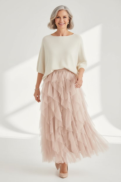 Ruffle Tulle Midi Skirt