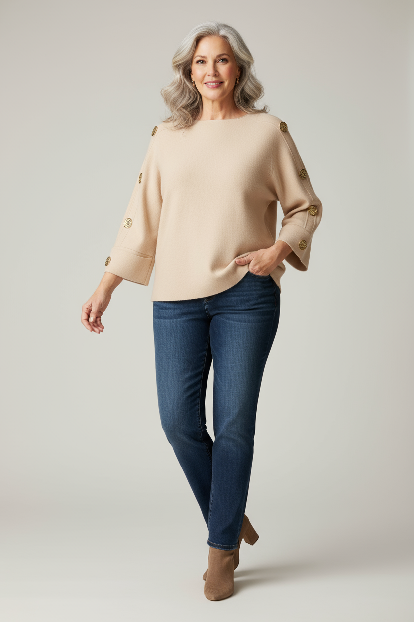 Button Detail 3/4 Sleeve Heavy Knit Jumper