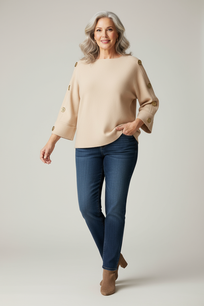 Button Detail 3/4 Sleeve Heavy Knit Jumper