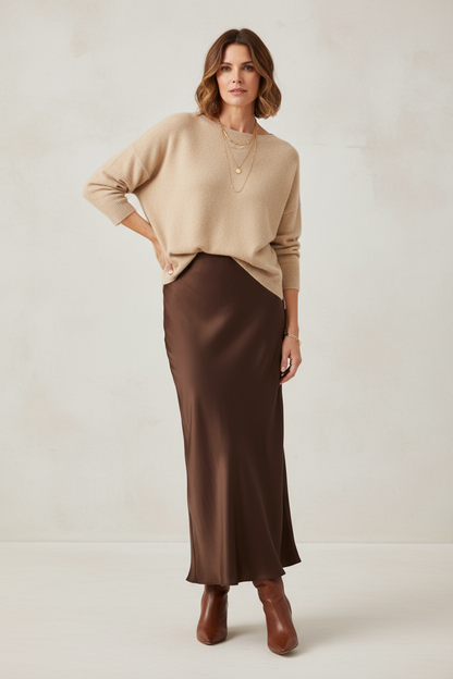 Bias Cut Silk Satin Midi Skirt