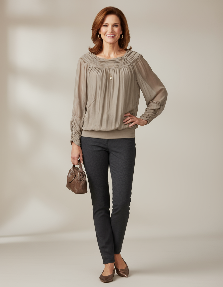 Ruched Neck Silk Blouse