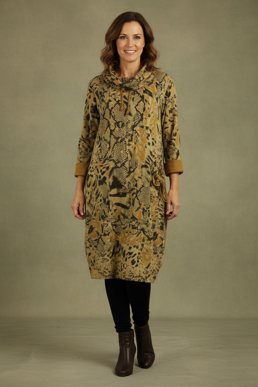 Abstract Leopard Print Cowl Neck Dress