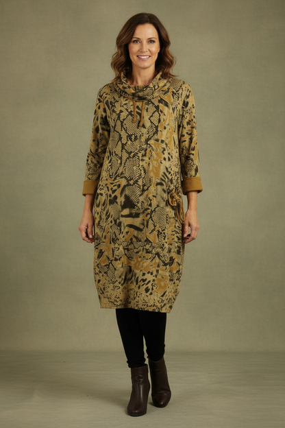 Abstract Leopard Print Cowl Neck Dress