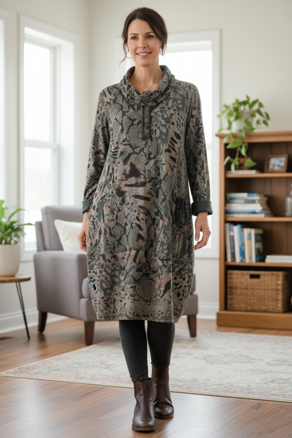 Abstract Leopard Print Cowl Neck Dress