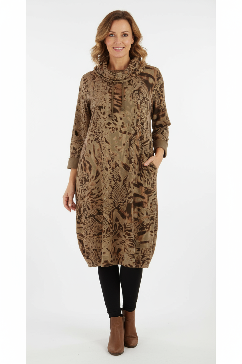 Abstract Leopard Print Cowl Neck Dress