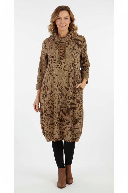 Abstract Leopard Print Cowl Neck Dress