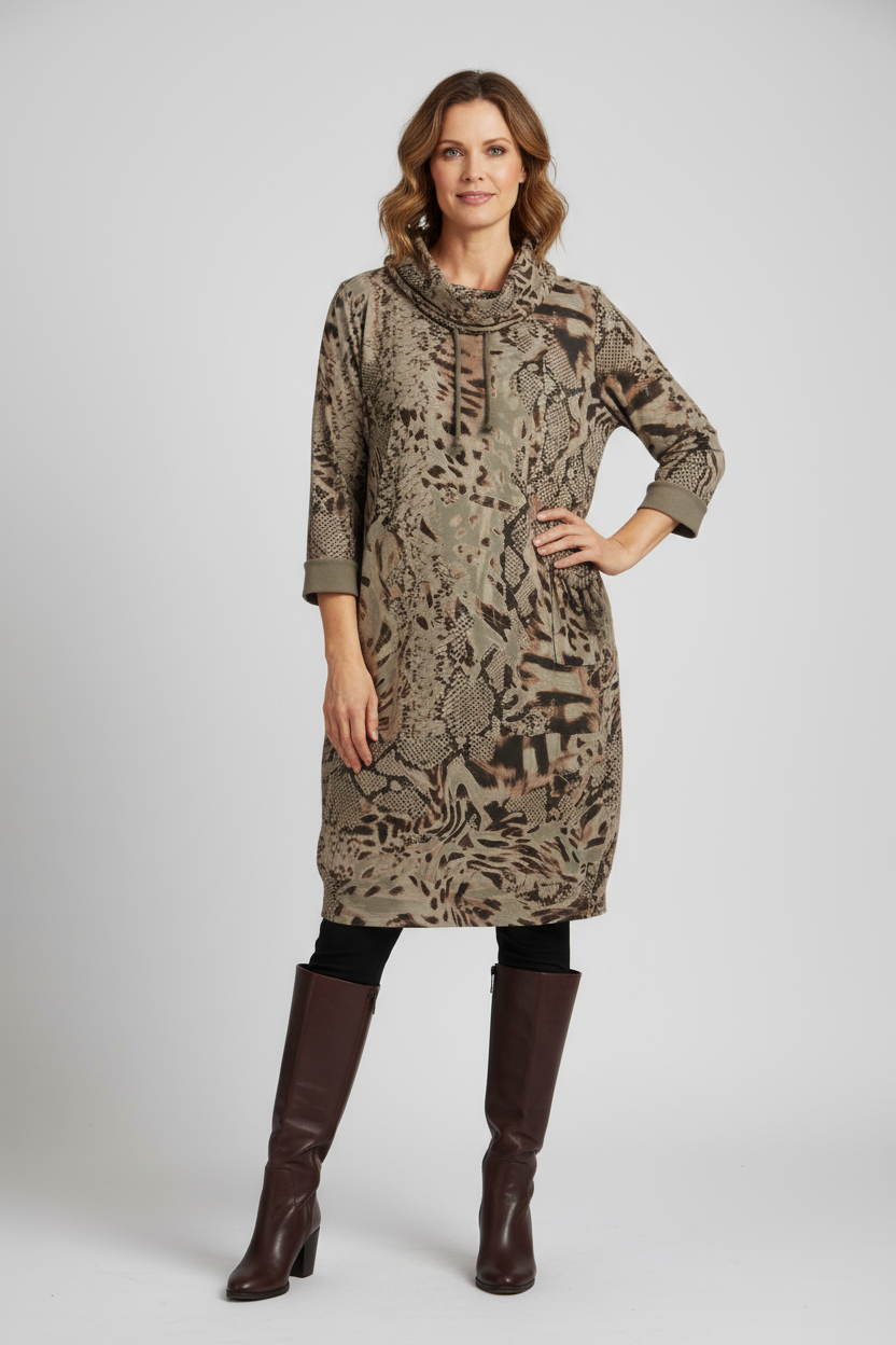 Abstract Leopard Print Cowl Neck Dress